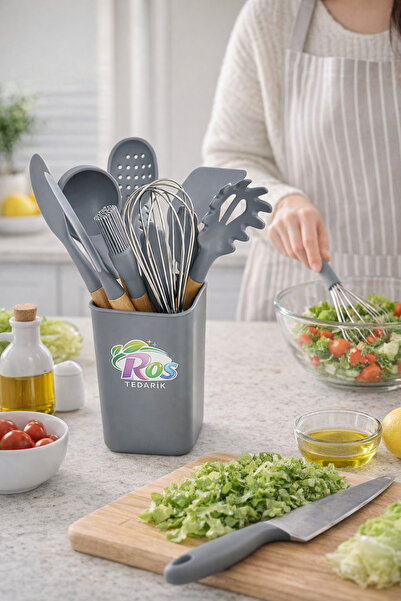 ROSTEDARİK Ros Tedarik 11 Parça Silikon Mutfak Gereçleri Seti – Standlı, Ahşa...