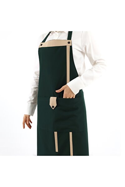 EURO DAY Kişiye Özel Firmalara Özel Yeşil Bej Detaylı Çift Cepli Mutfak Önlüğü