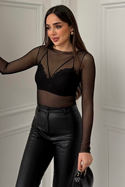 modavingo Women's Black Boat Neck Tulle Transparent Blouse