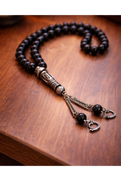 SUFİ TESBİH VE ESANS Onyx Stone Prayer Beads 8 mm – Shiny Black Natural Stone, Special Design with Imami and Chain Tassel Prayer Beads