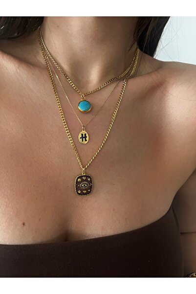 Hoop jewelery قلادة من الفولاذ على شكل عين بنية اللون