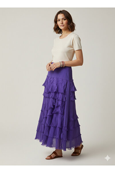 Hazinedan تنورة نسائية طويلة من الحرير الإيطالي باللون الأرجواني، ذات طبقات م...