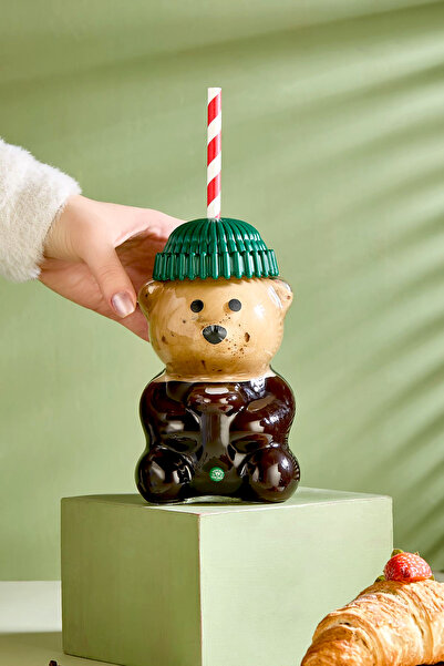 Kitchen Life Glass Barista Cold Drink Cup with Teddy Bear 500 ml