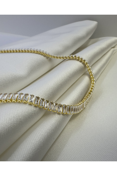 Samu Accessories İnce Baget Taşlı Su Yolu Çelik Kolye - Golden Mini Baguette ...