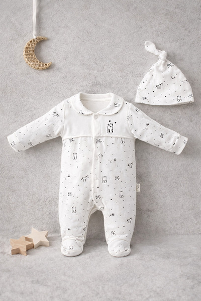 moukou 100% Cotton Baby Romper with Booties and Hat, Snap Fasteners on the Front