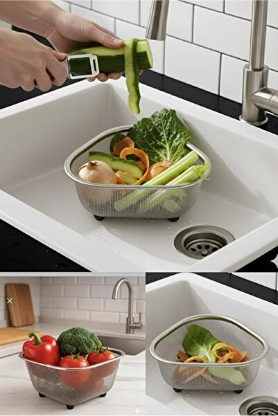 TUMU LIFE Paslanmaz Çelik Ayaklı Lavabo Süzgeci Üçgen Şekilli Örgü Telli Tezg...