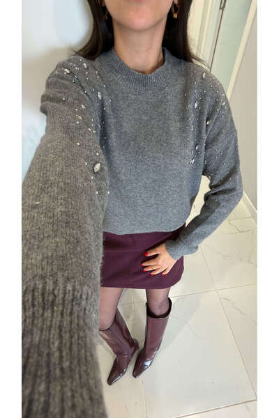 BİRCANÇİL Zontre Gray Knitwear with Stones on the Shoulders
