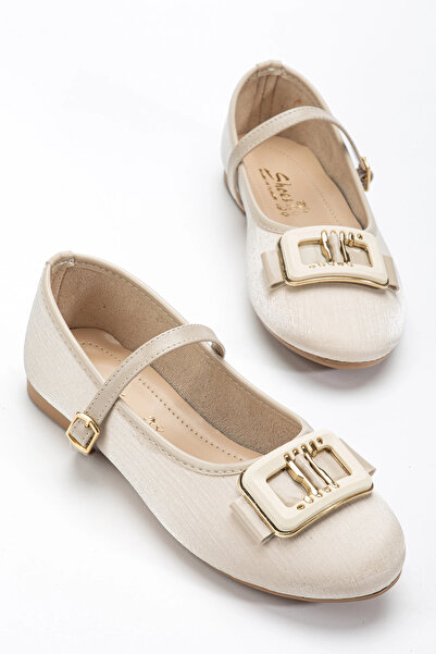 bakacstore Women's beige front buckle shiny fabric ballet flats
