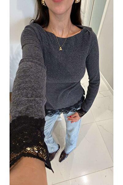 BİRCANÇİL Zandwe Smoked Melange Blouse with Lace Detail at the Hem