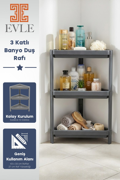 EVLE 3 Katlı Banyo Köşe Rafı - Duş İçi Şampuanlık ve Düzenleyici Organizer - ...