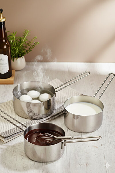 MAKRİ HOME Stainless Steel 3-Piece Sauce and Milk Pan Set (12-14-16 cm)