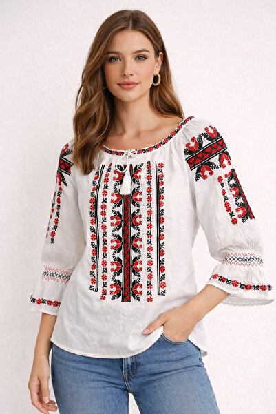 Nobrand Traditional Romanian Women's Dress, Authentic Red-Black Embroidery, 3...