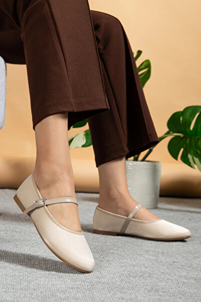 bakacstore Kadın bej Parlak Kumaş Detaylı Şık Babet