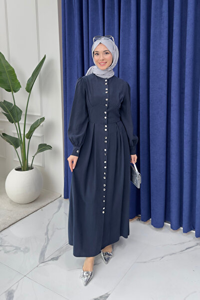 Tesettür Diyarı فستان موكا كوبرا تانسل بأزرار أمامية - أزرق داكن