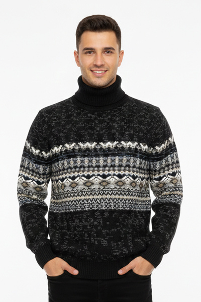 Pulltonic Мъжки пуловер с етнически мотиви и рибарска яка