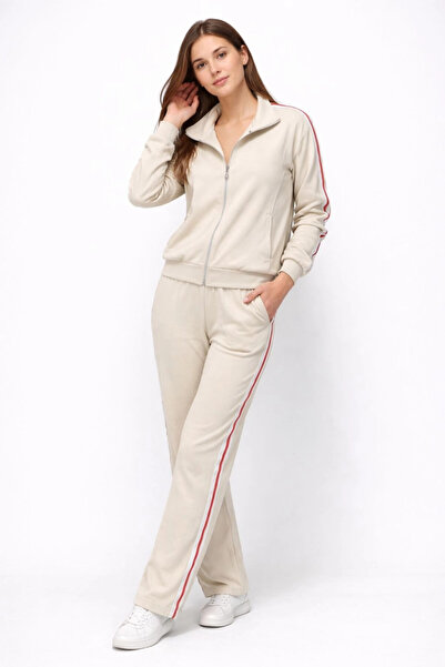 Cool & Sexy Modal Fabric Full Zipper Striped Tracksuit Set Beige