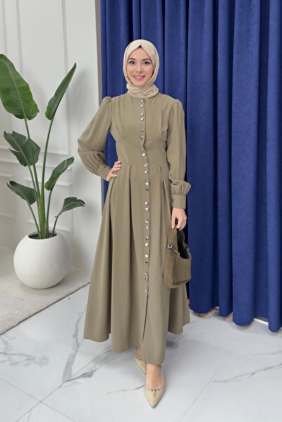 Tesettür Diyarı فستان موكا كوبرا تانسيل بأزرار أمامية - كاكي