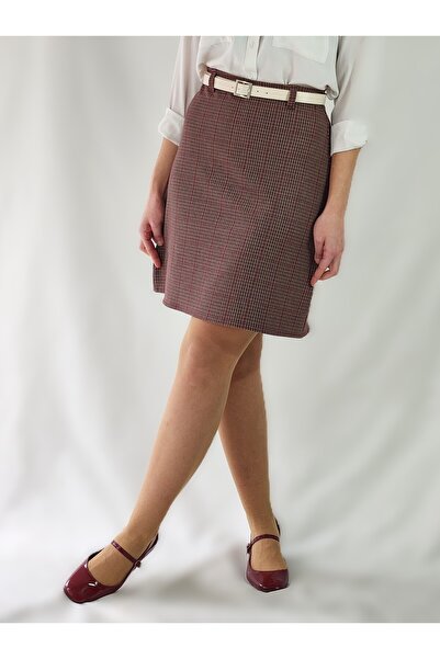 YAXİ High Waist Lightweight Lycra Woven Fabric Knee-Length Burgundy Plaid A-L...