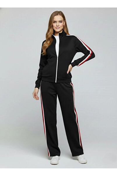 Cool & Sexy Modal Fabric Full Zipper Striped Tracksuit Set Black