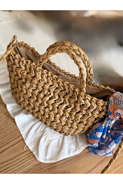 Demet Aura Hasır El Örgüsü Kadın Omuz & El Çantası – Astarlı, Şal Detaylı, Ya...