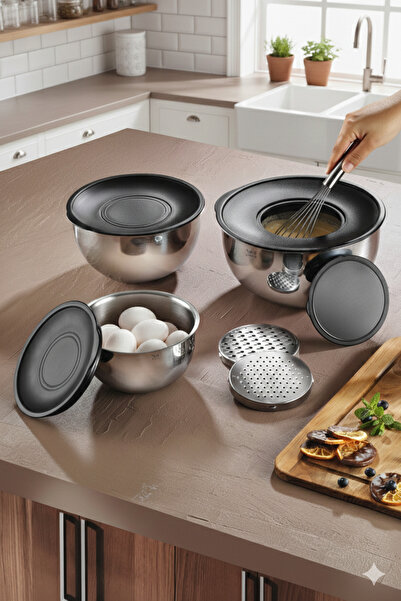 MAKRİ HOME 3'lü 304 Çelik Rendeli Saklama ve Karıştırma Kabı Seti (16 cm-1,35...