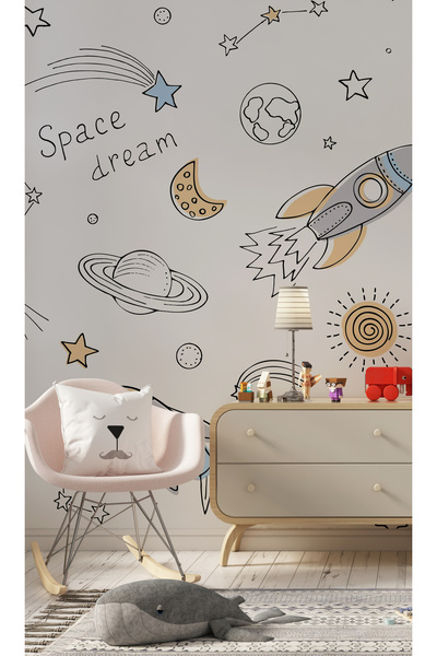 Tasarım Uzay Temalı Çocuk Odası Duvar Kağıdı Poster – Roket ve Gezegen Desenl...