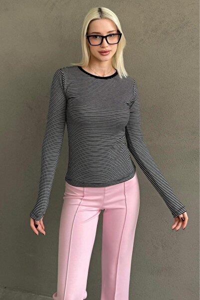 Madmext Black Striped Long Sleeve Women's Bodysuit Mg2657