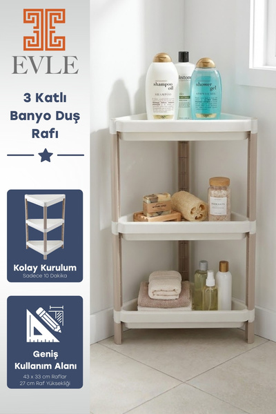 EVLE 3 Katlı Banyo Köşe Rafı - Duş İçi Şampuanlık ve Düzenleyici Organizer - ...