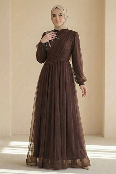 Kirazgym Women's Tulle Evening Dress with Stone Detail on the Front and Drape...