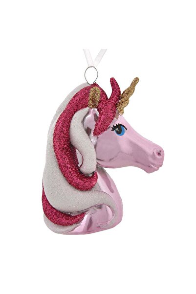OEM Ornament Brad de Craciun 3d Cap de Unicorn cu Glitter Fucsia & Alb 9cm