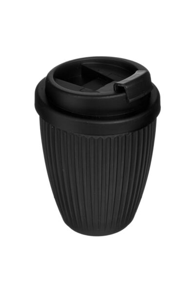 OEM Μαύρο πλαστικό ποτήρι με μαύρο καπάκι, ριγέ σχέδιο, 290ml