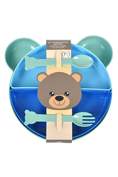 OEM Set de Servit Masa cu Furculita & Lingura Model Ursulet Bleu Verde - 7 piese