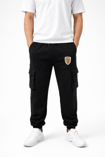 MODA Romania Logo Printed Black Cargo Pocket Rubber Leg Men's Sweatpants