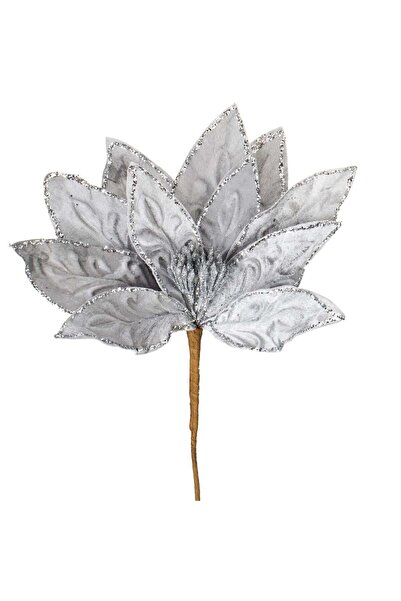 OEM Floare Decorativa de Craciun Gri Catifelata cu Glitter Argintiu 32cm