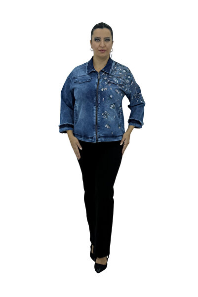 Trieste Plus Size Denim Stone Detailed Zipper Pocket Long Sleeve Women's Jacket