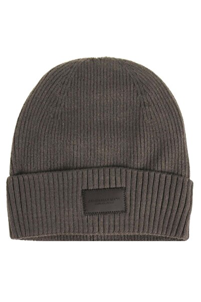 OEM Taupe Knit Beanie with Fleece Lining & Brown PU Patch for Men