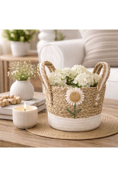 OEM Organizer Basket Decorated with Daisy & Ecru Details Ø20x15cm