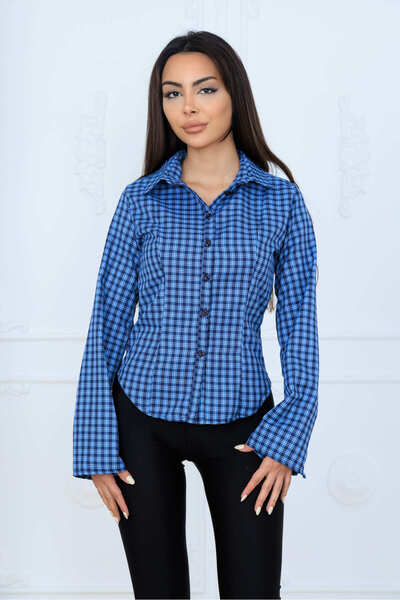 LE CARAMBOLE Women's Blue Plaid Patterned Fitted Shirt
