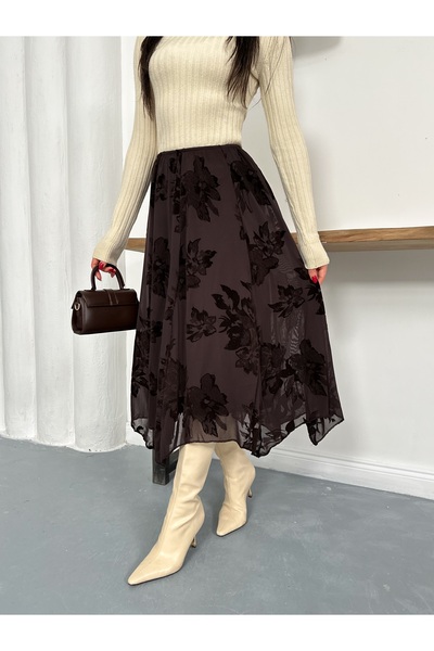 Nazline Tulle Asymmetrical Skirt Floral Pattern