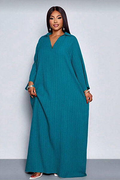 dorbe ribbed pattern collar v neck long sleeves women's maxi kaftan dress