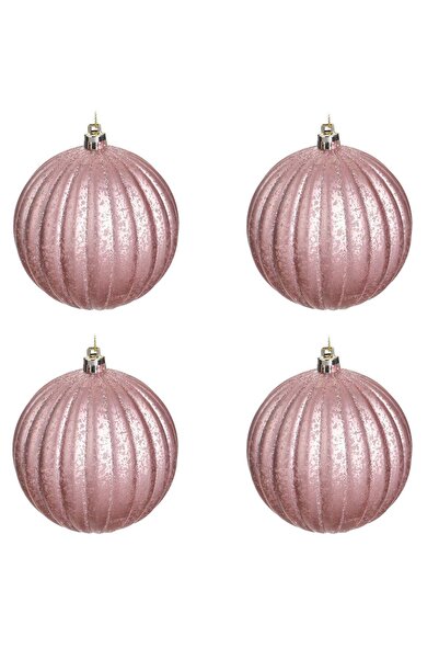 OEM Set Globuri de Craciun Roz Mat Mercury cu Dungi Glitter Ø10cm - 4buc