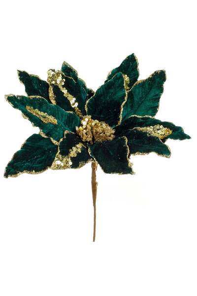 OEM Floare Decorativa de Craciun Catifelata Verde cu Glitter Sampaniu 36cm