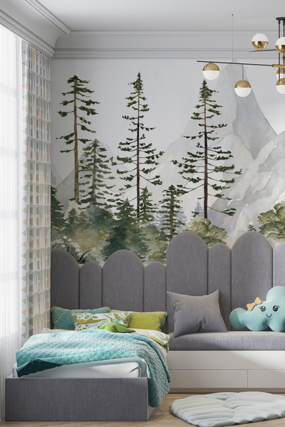 Tasarım Orman ve Dağ Manzaralı Duvar Kağıdı Poster – Suluboya Doğa Temalı Çoc...