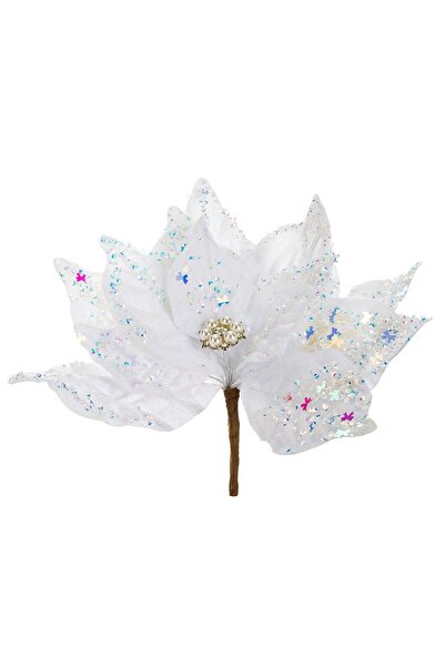 OEM Floare Decorativa de Craciun Alba cu Pietre Holografice & Clips 24cm