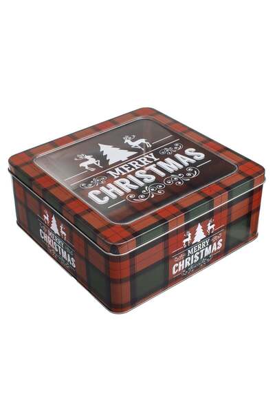 OEM Red Checkered Metal Box with Christmas Pattern for Food 21x21x8.5cm