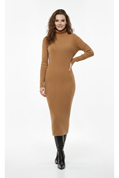 KASHA Women's Corded Fabric Turtleneck Knitwear Dress - Fitted Midi Length Dress