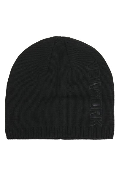 OEM Men's Black Knitted Beanie with Fleece Lining & "New York" Print