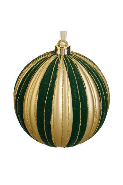 OEM Ornament Brad de Craciun Glob Verde Catifelata cu Dungi Aurii Mate & Glit...