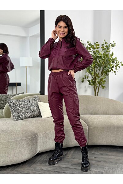 RAMONA BADESCU EXCLUSIVE Women's faux leather suit - burgundy, urban casual s...