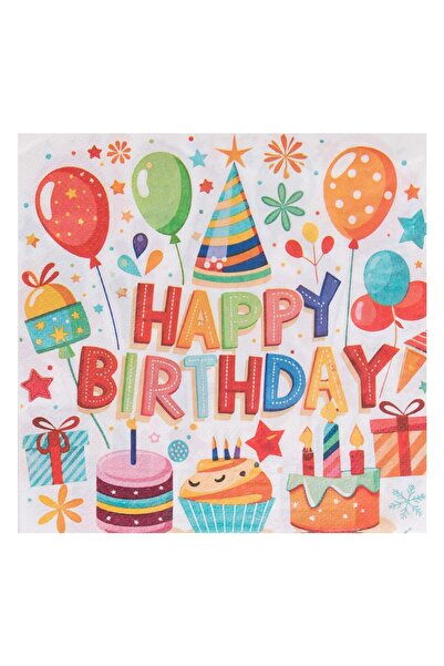 OEM 2-Ply Table Napkins Ecru Balloons Sweets Gifts "Happy Birthday" 33x33cm -...